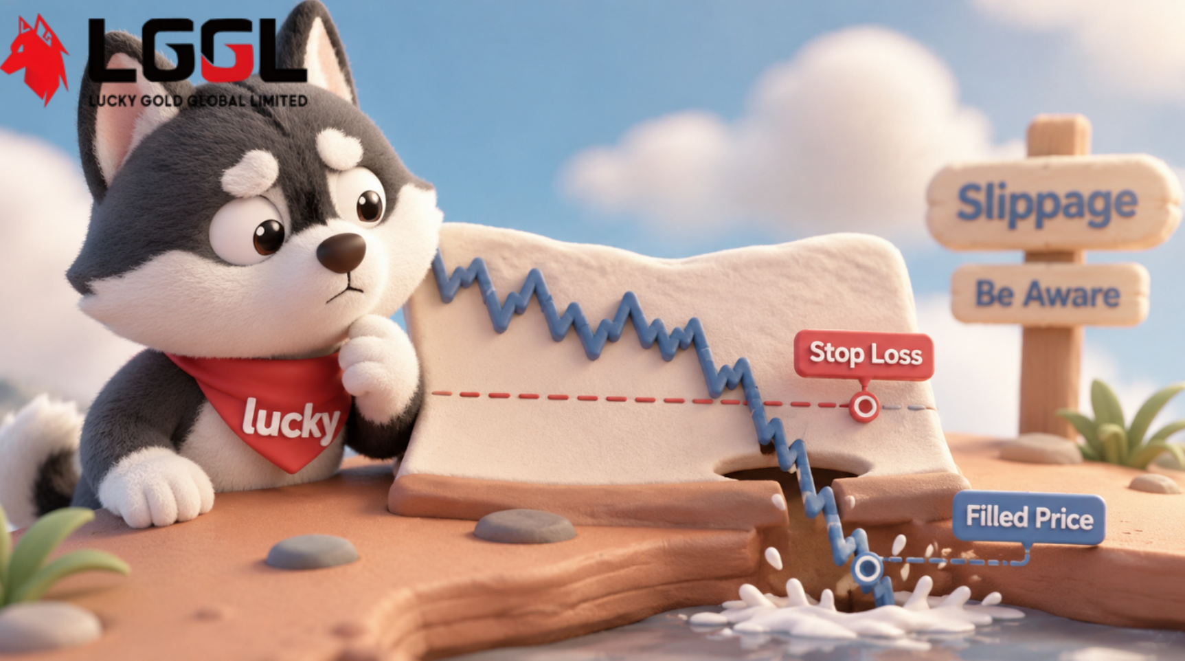 Educational trading illustration: A dog looking at slippage on a chart, explaining the difference between stop loss triggers and actual filled prices